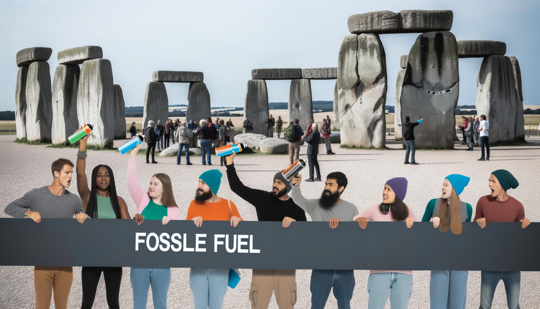 Activists sprayed Stonehenge orange to demand an end to fossil fuels by 2030.