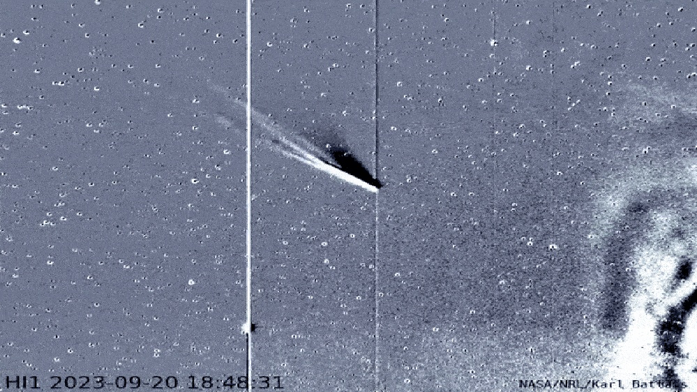 See green comet Nishimura's tail get whipped away by powerful solar storm as it slingshots around the sun