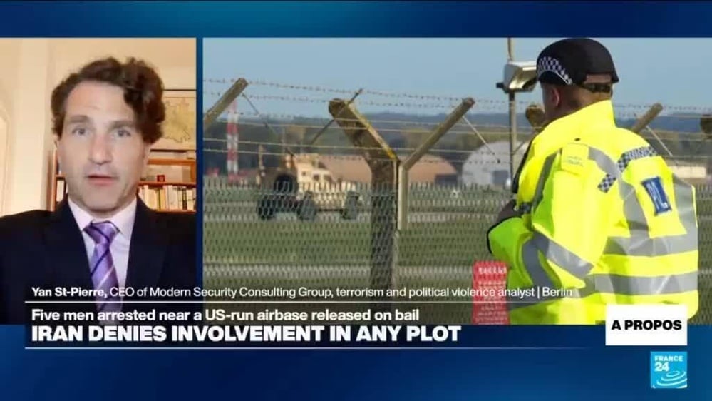 Five British men arrested near US-used RAF Fairford over a suspected Iran-linked bomb plot are released on bail as Tehran denies involvement