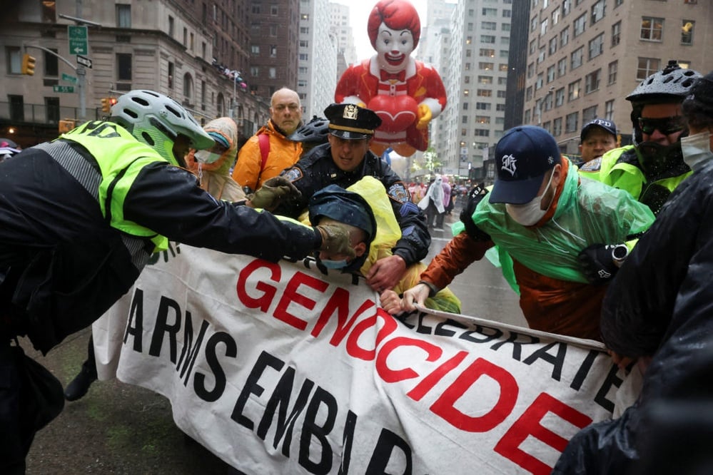 Pro-Palestinian protests disrupted the Macy's Thanksgiving Day Parade in NYC