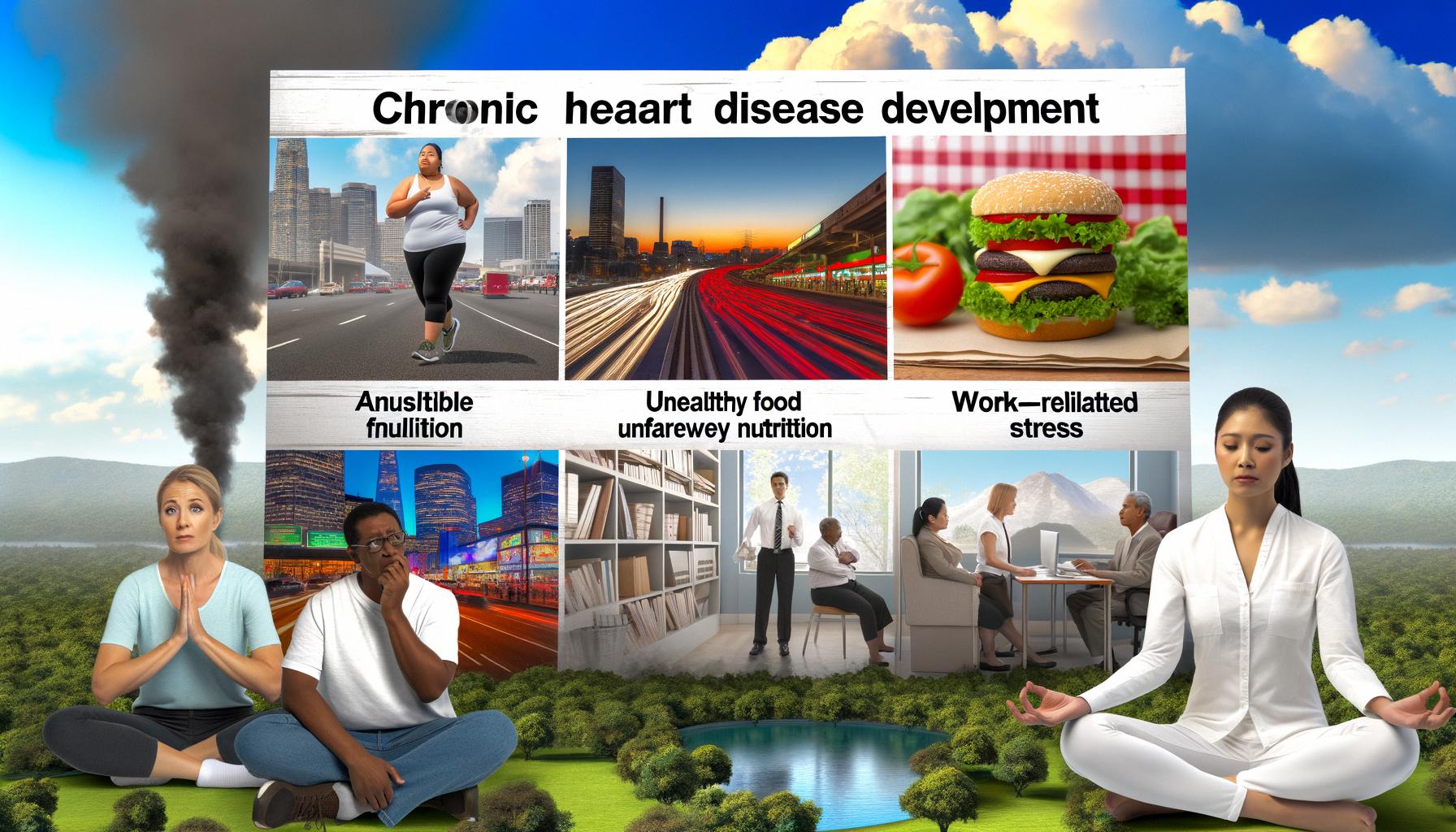 Environmental and lifestyle factors crucial in chronic heart disease development and exacerbation.